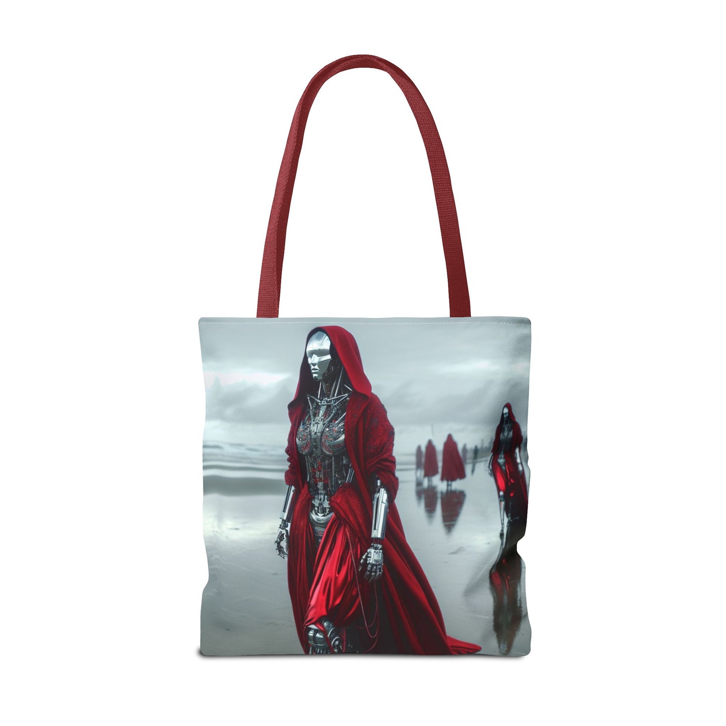 Futuristic Red Hooded Tote Bag, Eco-Friendly Shopping Tote, Stylish Reusable Bag, Perfect for Gifts, Fashion Statement