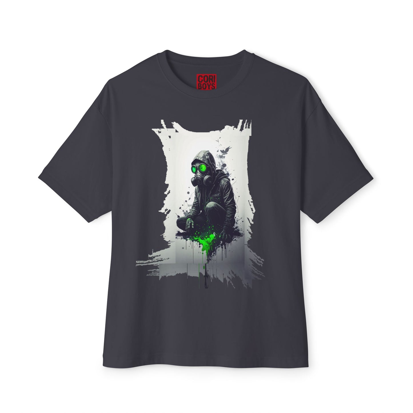 Unisex Oversized Boxy Tee with Unique Green Gas Mask Design, Graphic Tee, Streetwear Fashion, Gift for Gamers, Casual Style