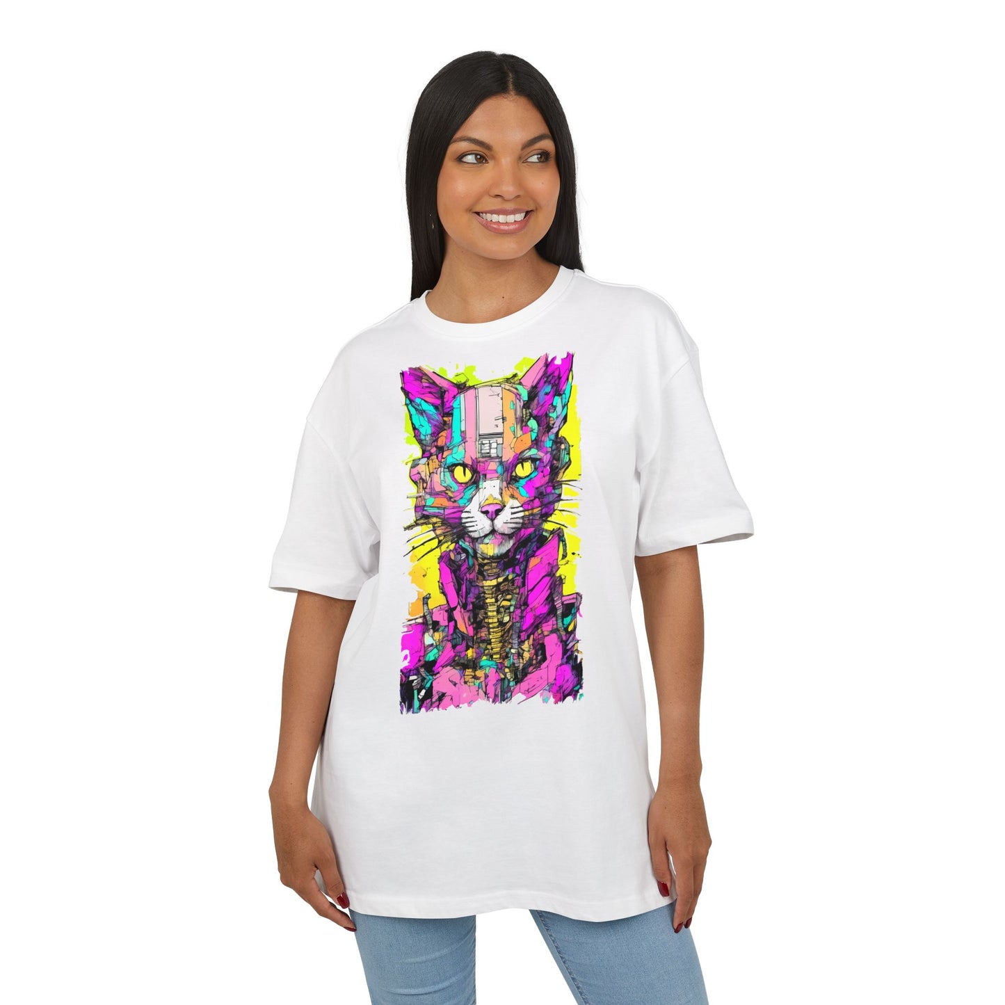 Colorful Cat Graphic Tee, Unisex Heavy Oversize T-Shirt, Funky Cat Art Shirt, Gift for Cat Lovers, Unique Casual Wear