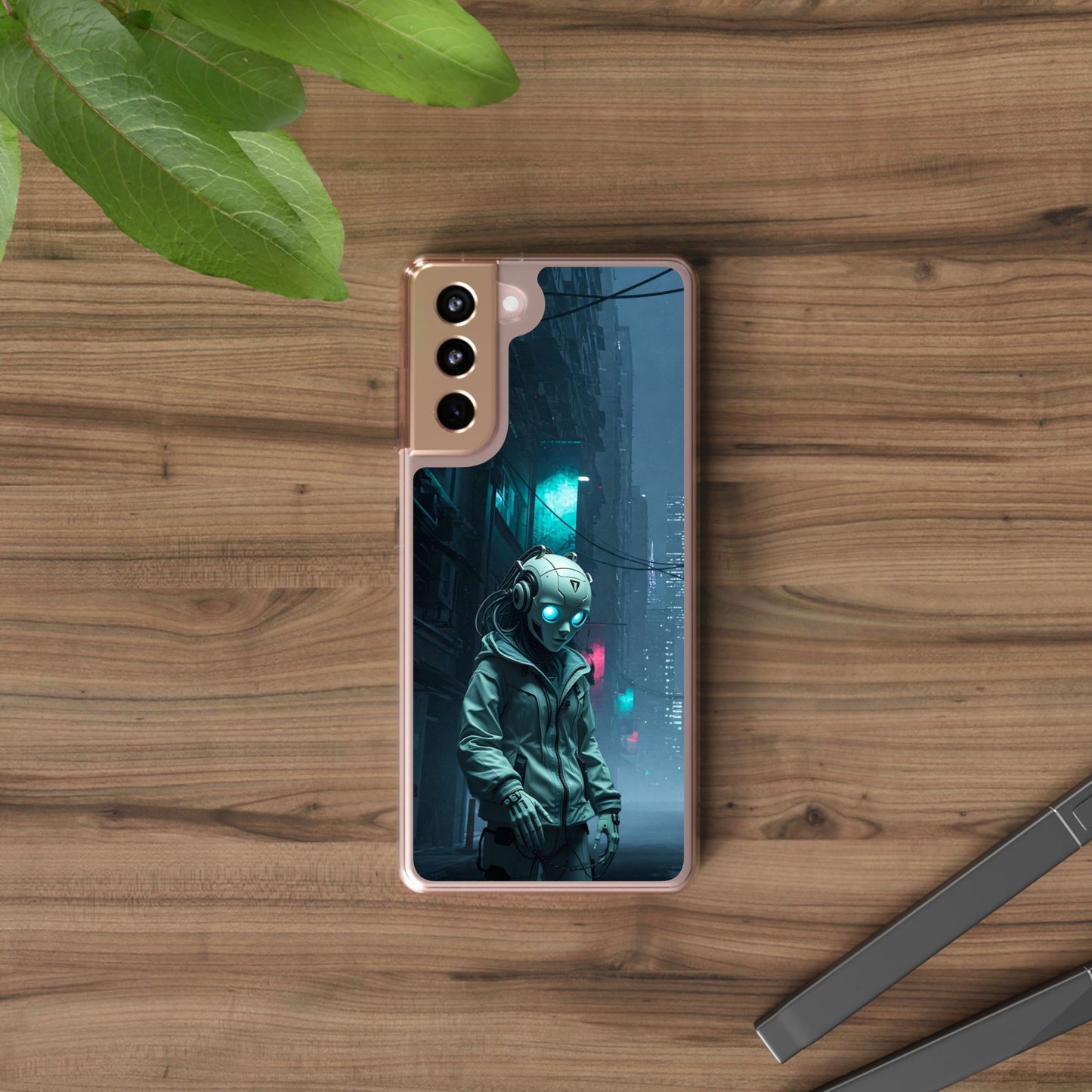 Futuristic Clear Phone Case with Neon City Design