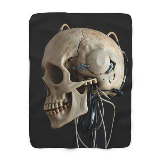 Sherpa Fleece Blanket with Futuristic Cyber Skull Design