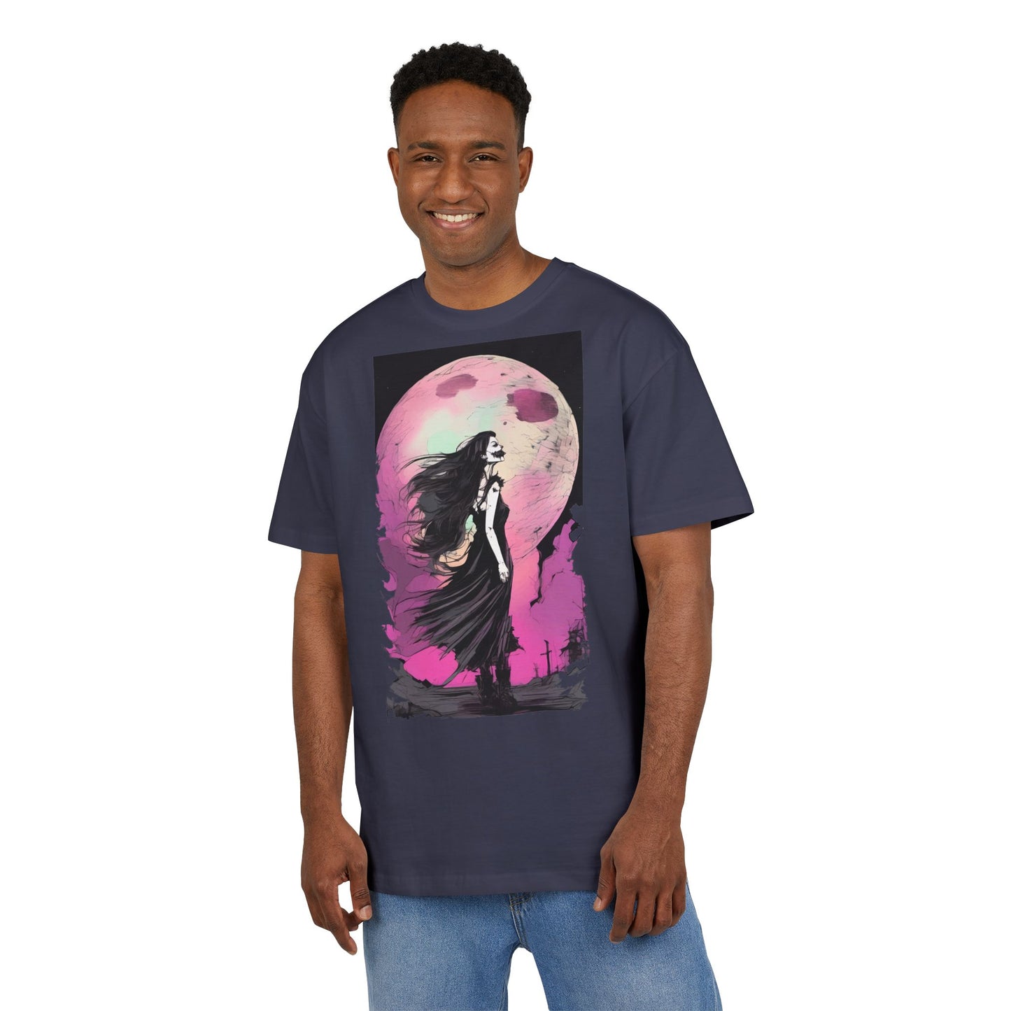 Unisex Heavy Oversize Tee with Moonlit Design, Graphic Tee for Night Lovers, Alternative Fashion, Halloween Shirt, Gift for Her