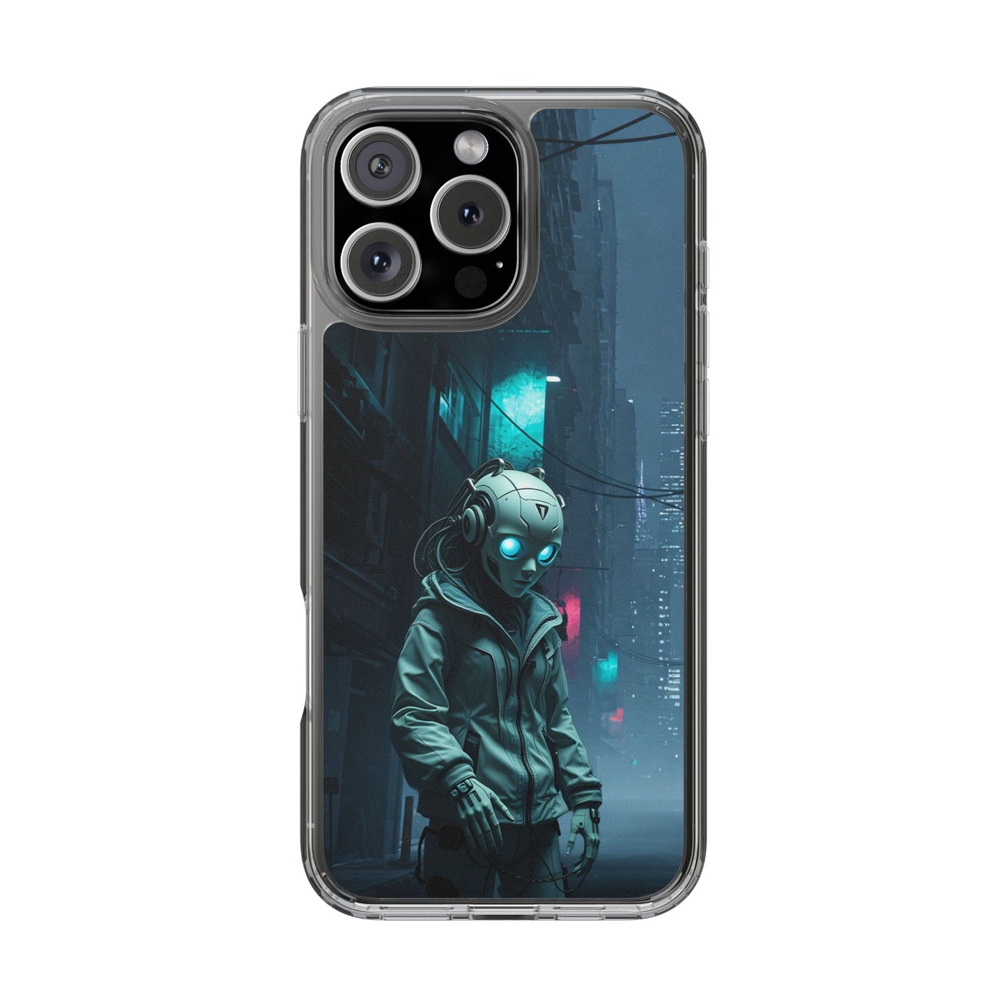 Futuristic Clear Phone Case with Neon City Design