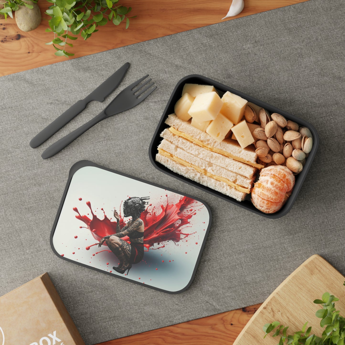 Edgy Bento Box with Band & Utensils | Unique Meal Prep Container, Art-Inspired Lunch Box, Cool Gift for Foodies