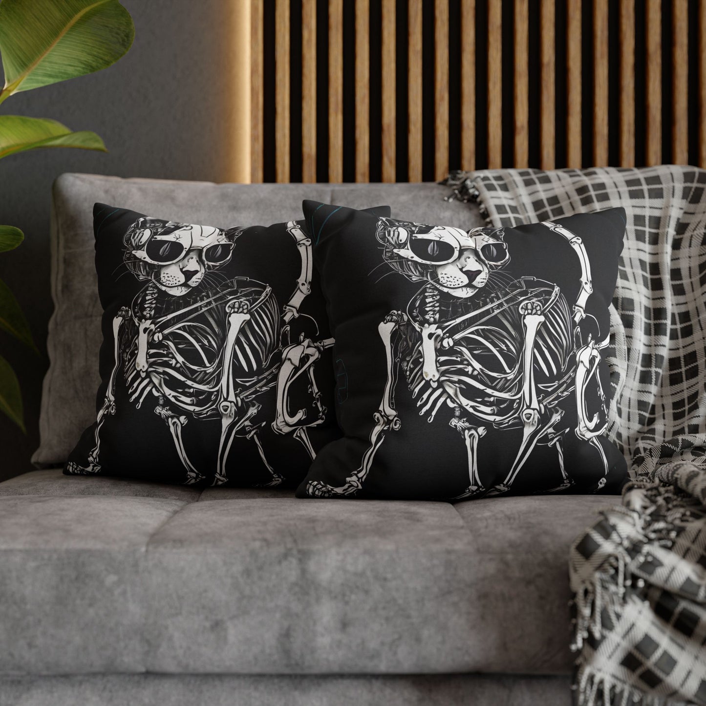 Square Pillowcase with Edgy Skeleton Cat Design