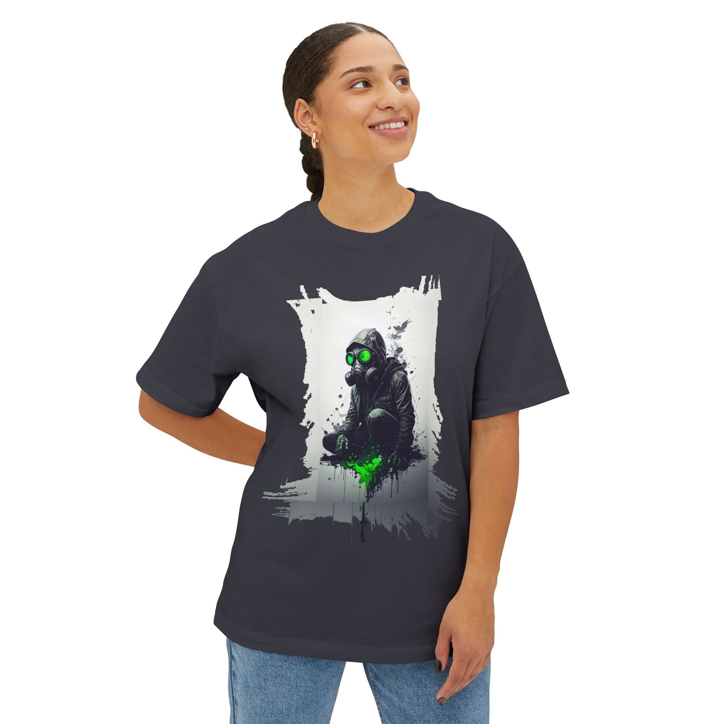 Unisex Oversized Boxy Tee with Unique Green Gas Mask Design, Graphic Tee, Streetwear Fashion, Gift for Gamers, Casual Style