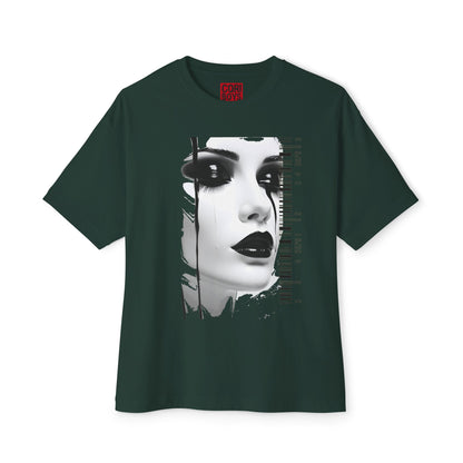 Chic Art Print Boxy Tee, Oversized Graphic T-Shirt, Fashionable Streetwear Top, Unique Women’s Cotton Tee, Casual Everyday Wear