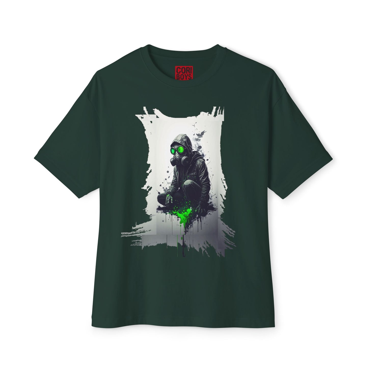 Unisex Oversized Boxy Tee with Unique Green Gas Mask Design, Graphic Tee, Streetwear Fashion, Gift for Gamers, Casual Style