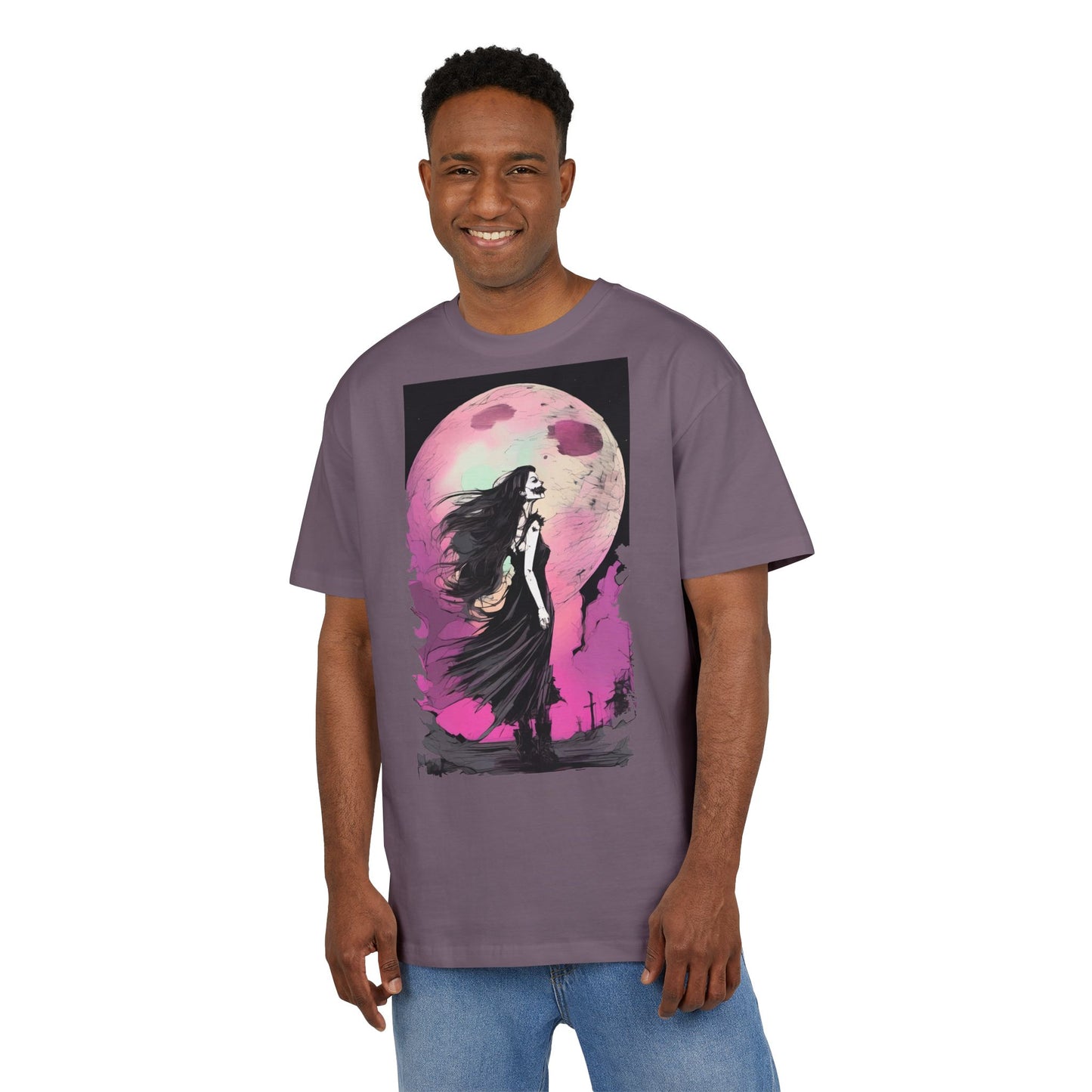 Unisex Heavy Oversize Tee with Moonlit Design, Graphic Tee for Night Lovers, Alternative Fashion, Halloween Shirt, Gift for Her