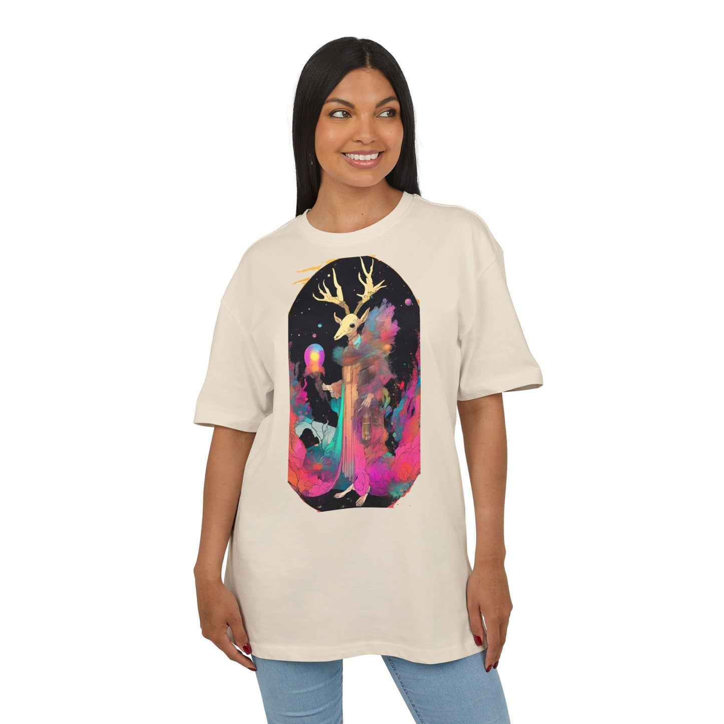 Cosmic Stag Unisex Oversize Tee | Bohemian Vibe T-Shirt, Fantasy Apparel, Unique Gift, Art-Inspired Fashion, Summer Style