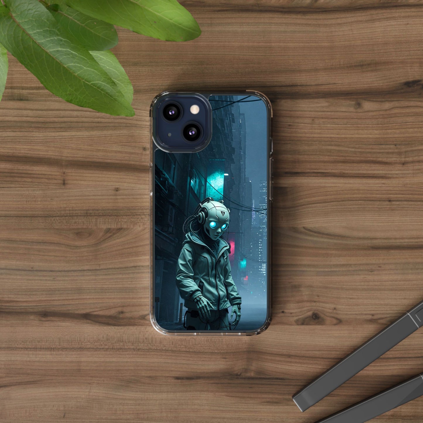 Futuristic Clear Phone Case with Neon City Design