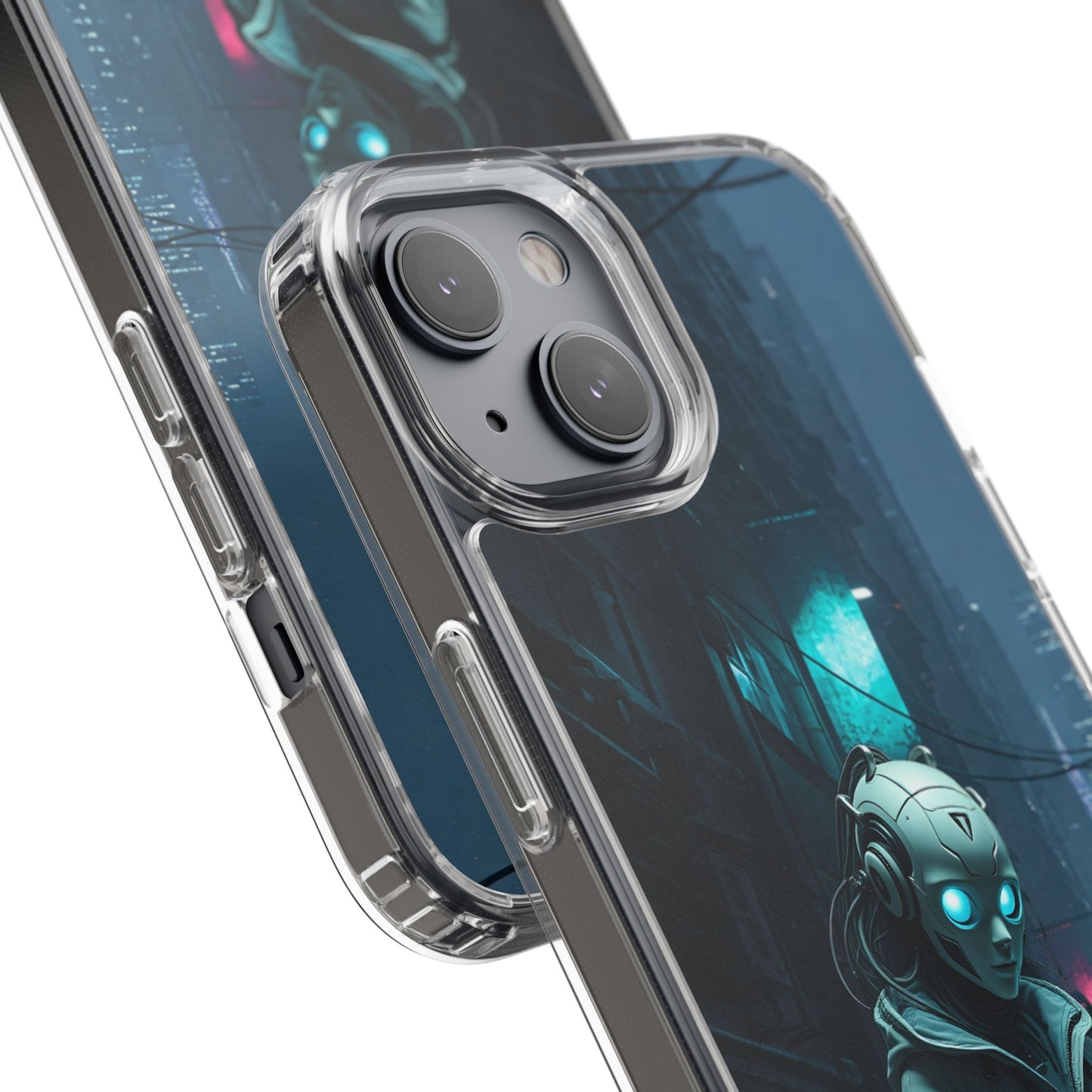 Futuristic Clear Phone Case with Neon City Design