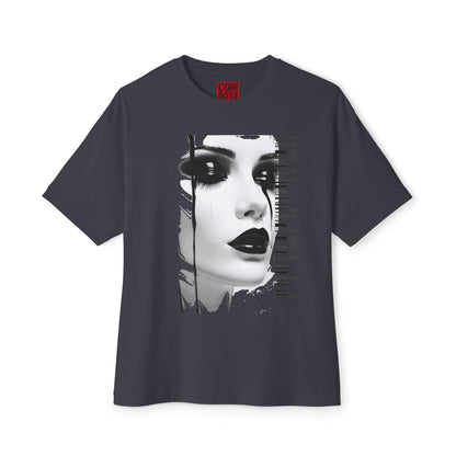Chic Art Print Boxy Tee, Oversized Graphic T-Shirt, Fashionable Streetwear Top, Unique Women’s Cotton Tee, Casual Everyday Wear