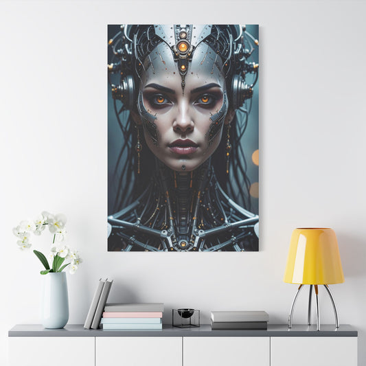 Futuristic Stretched Canvas Art, Cyberpunk Wall Décor, Unique Home Decor, Robot Portrait, Gothic Art Giveaway