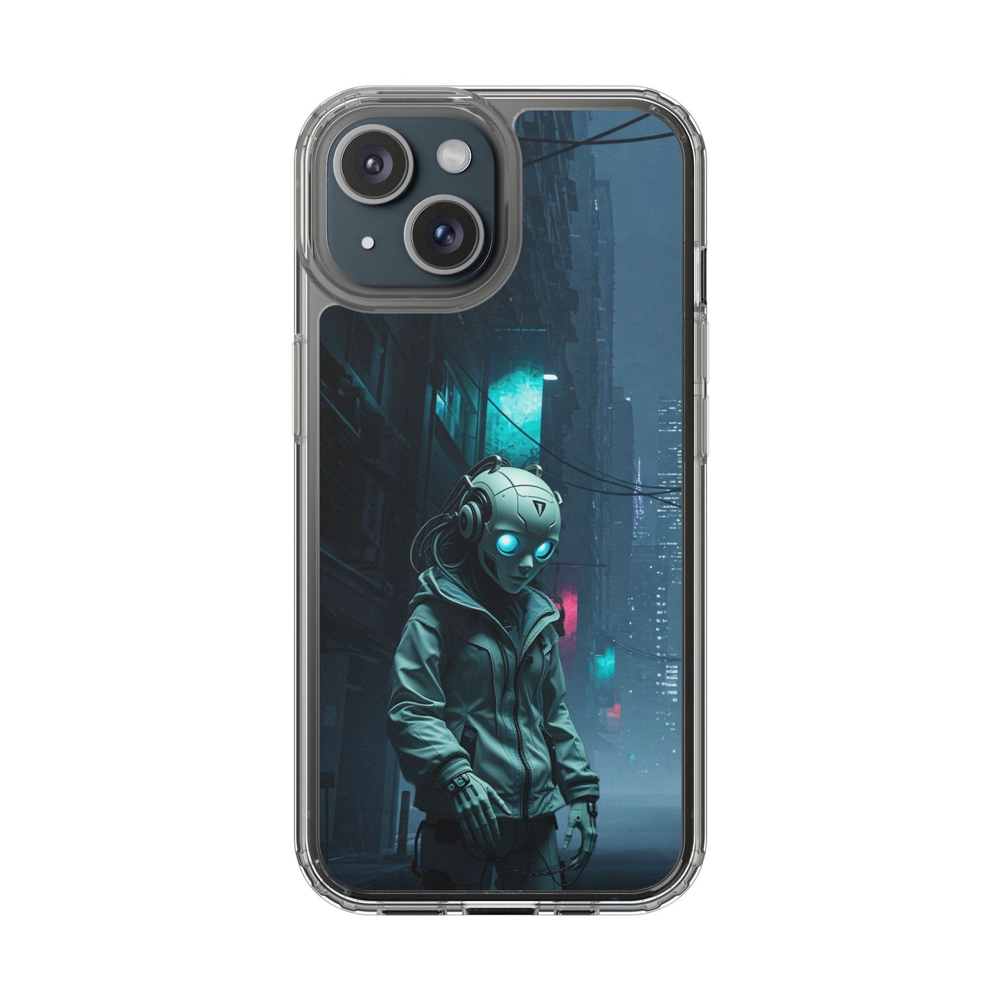 Futuristic Clear Phone Case with Neon City Design