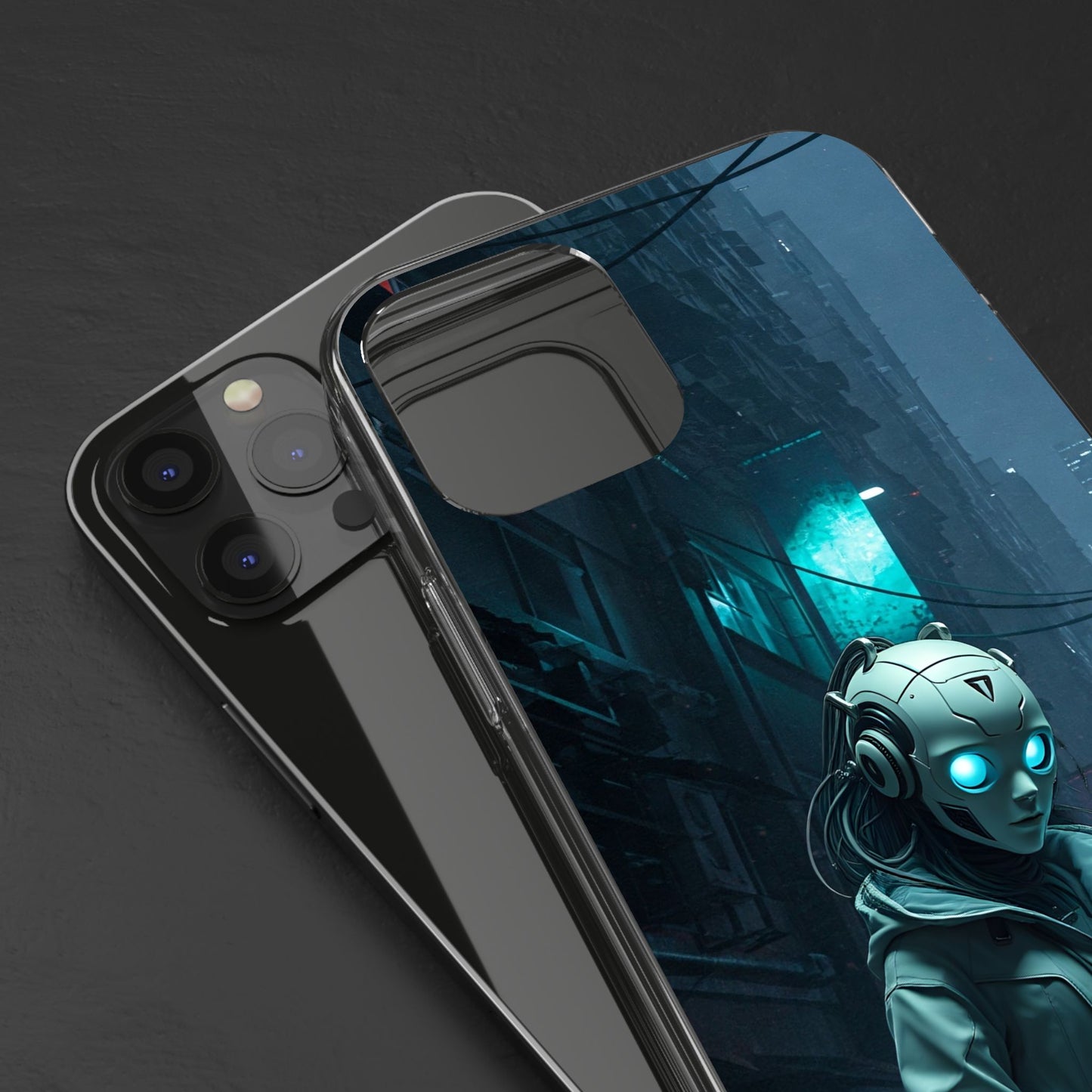 Futuristic Clear Phone Case with Neon City Design
