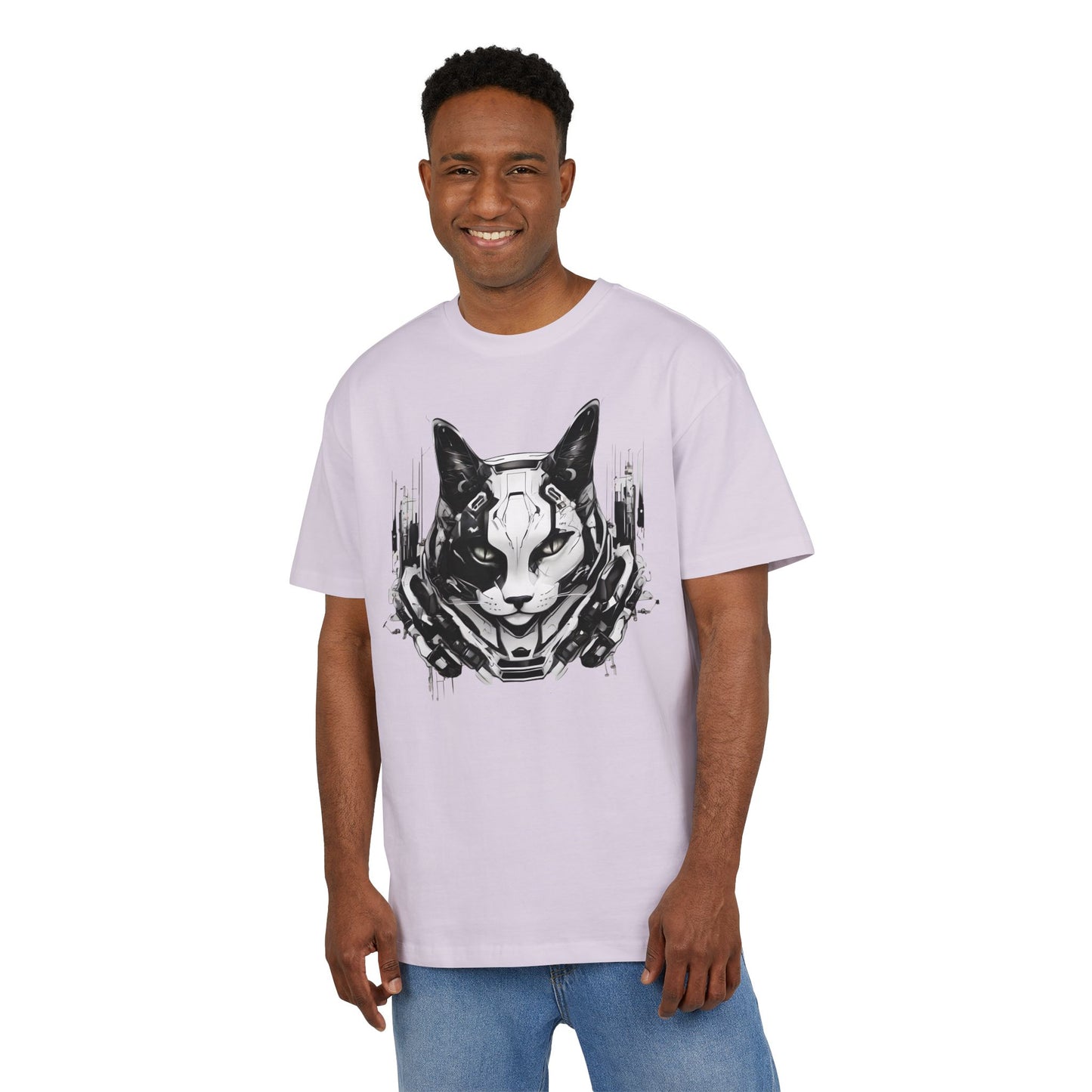 Cyber Cat Graphic Tee - Unisex Oversized T-Shirt, Cool Streetwear, Gift for Cat Lovers, Futuristic Design, Casual Everyday Wear