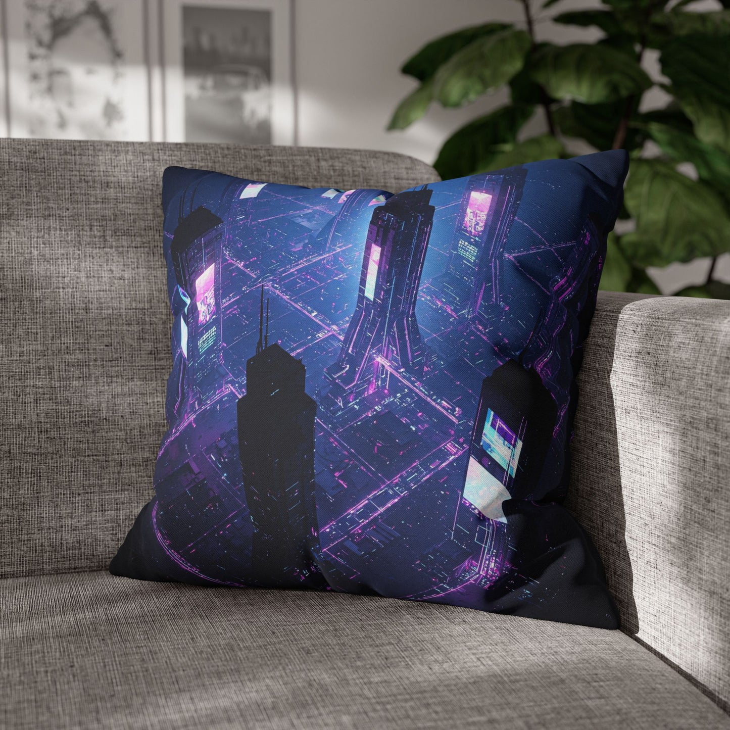 Futuristic Cityscape Pillowcase, Home Decor, Throw Pillow Cover, Gift for Gamers, Cyberpunk Vibe, Modern Bedroom Accent