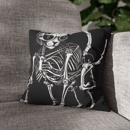 Square Pillowcase with Edgy Skeleton Cat Design