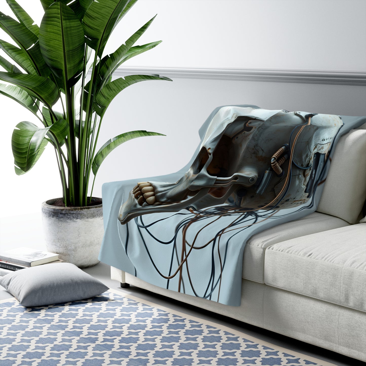 Sherpa Fleece Blanket with Futuristic Skull Design