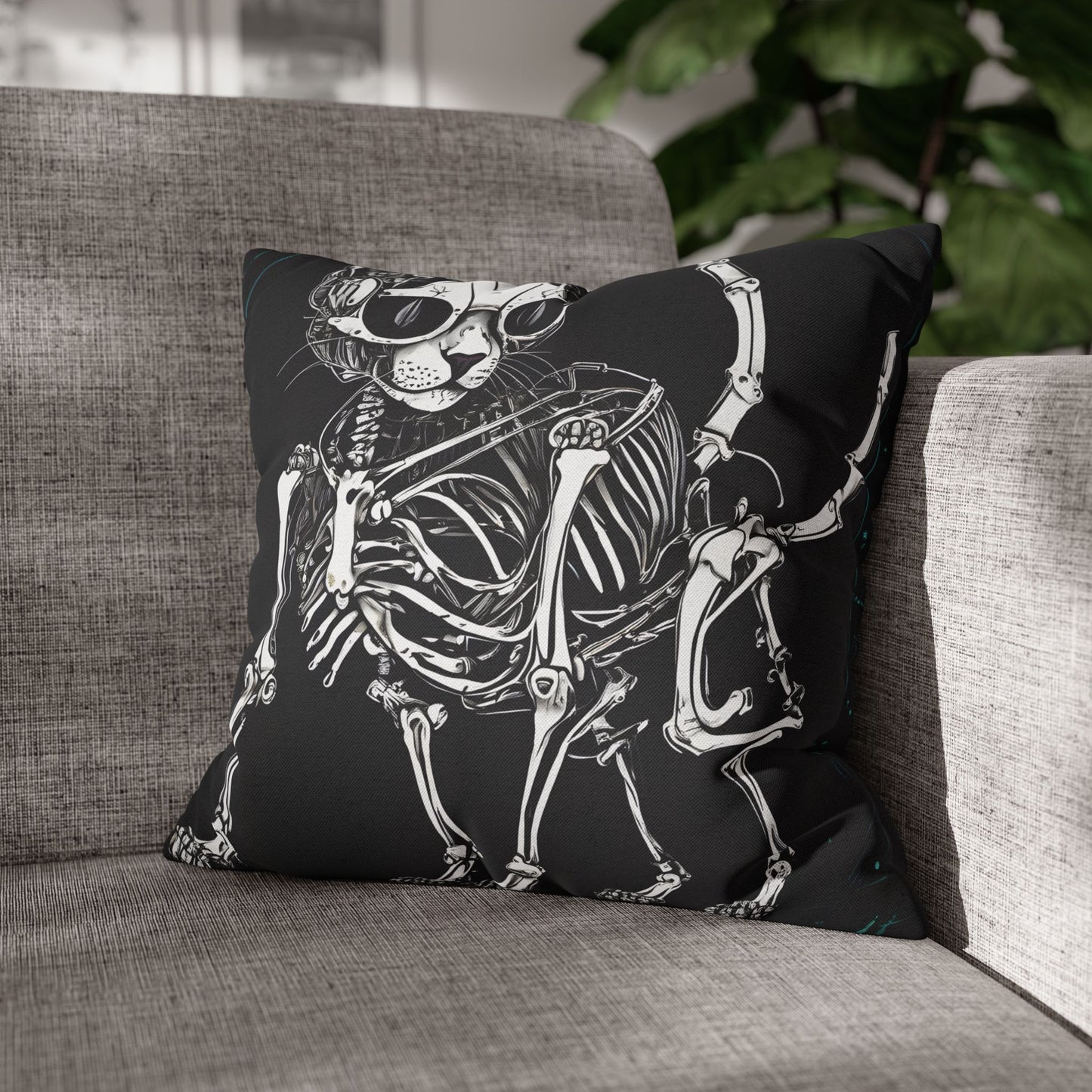 Square Pillowcase with Edgy Skeleton Cat Design