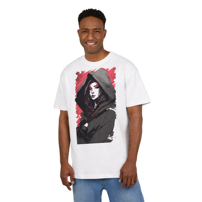 Artistic Oversize Tee with Hooded Character Design, Unisex Streetwear, Graphic Tee, Casual Wear, Unique Gift, Fashion Statement