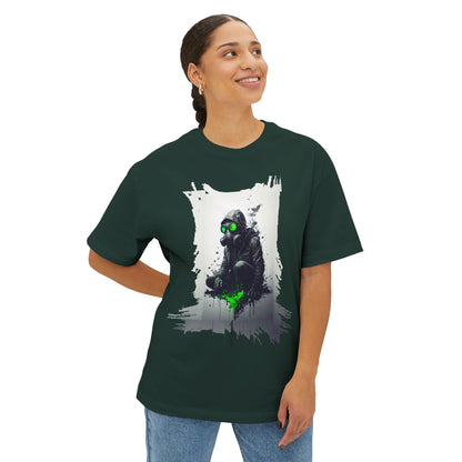 Unisex Oversized Boxy Tee with Unique Green Gas Mask Design, Graphic Tee, Streetwear Fashion, Gift for Gamers, Casual Style