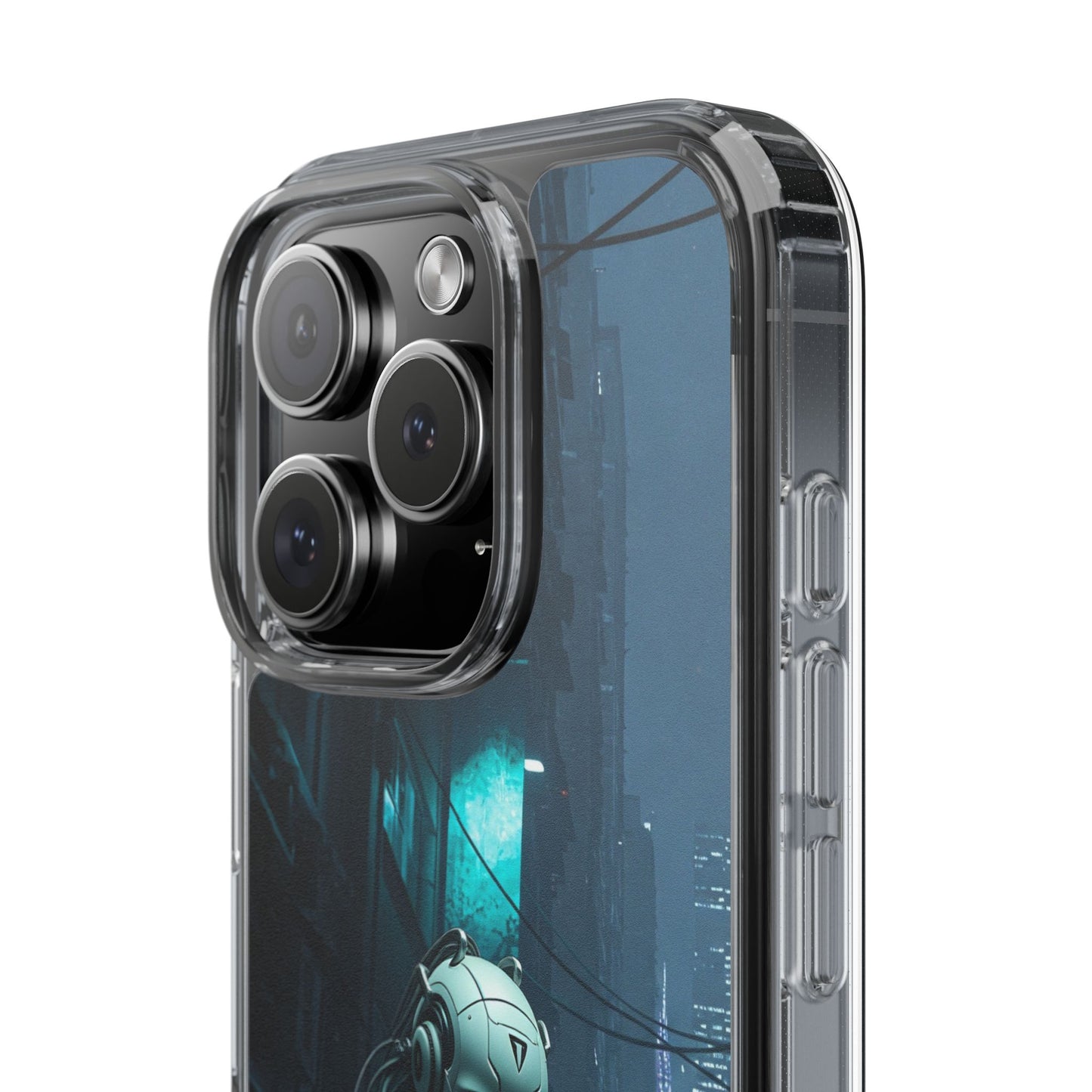 Futuristic Clear Phone Case with Neon City Design