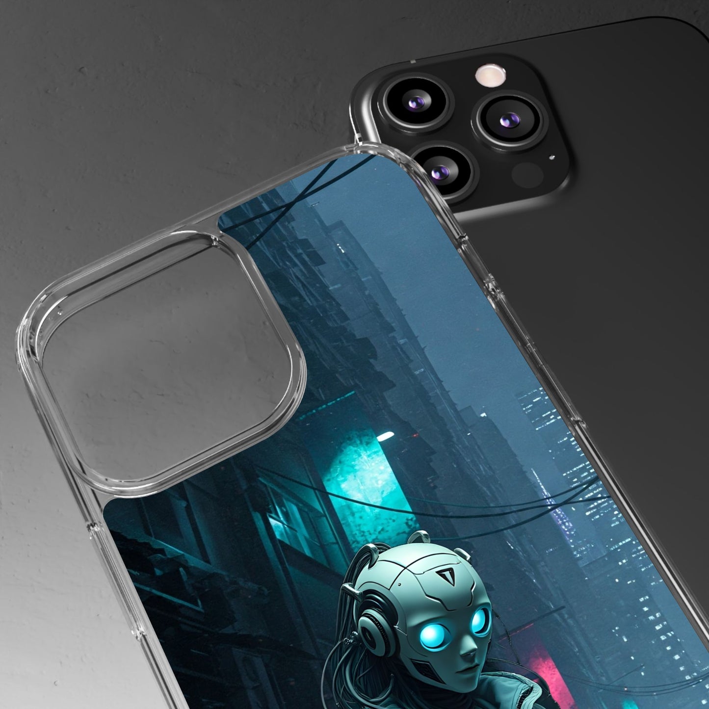 Futuristic Clear Phone Case with Neon City Design