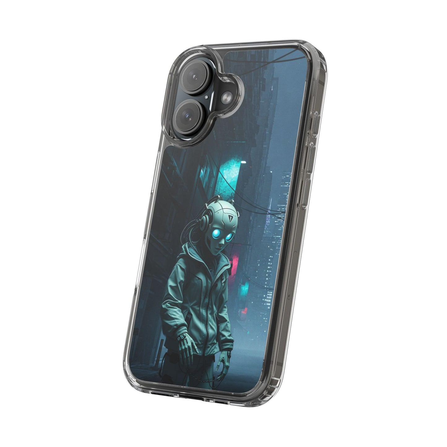 Futuristic Clear Phone Case with Neon City Design