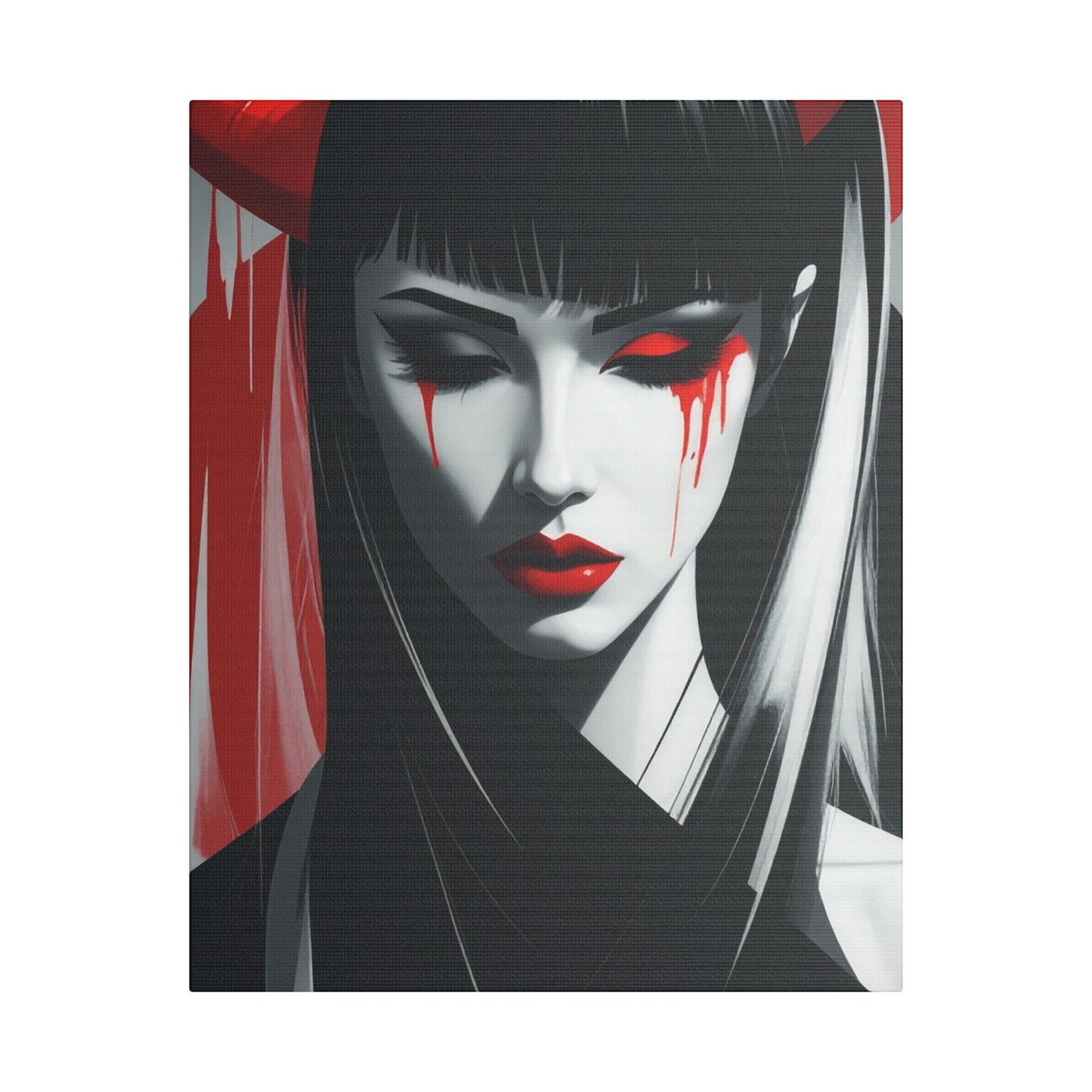 Japanese Art Canvas, Stretched Wall Art, Modern Home Decor, Red and Black Portrait, Unique Gift for Art Lovers, Asian Aesthetic