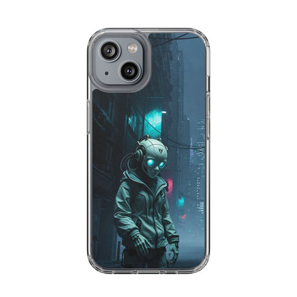 Futuristic Clear Phone Case with Neon City Design