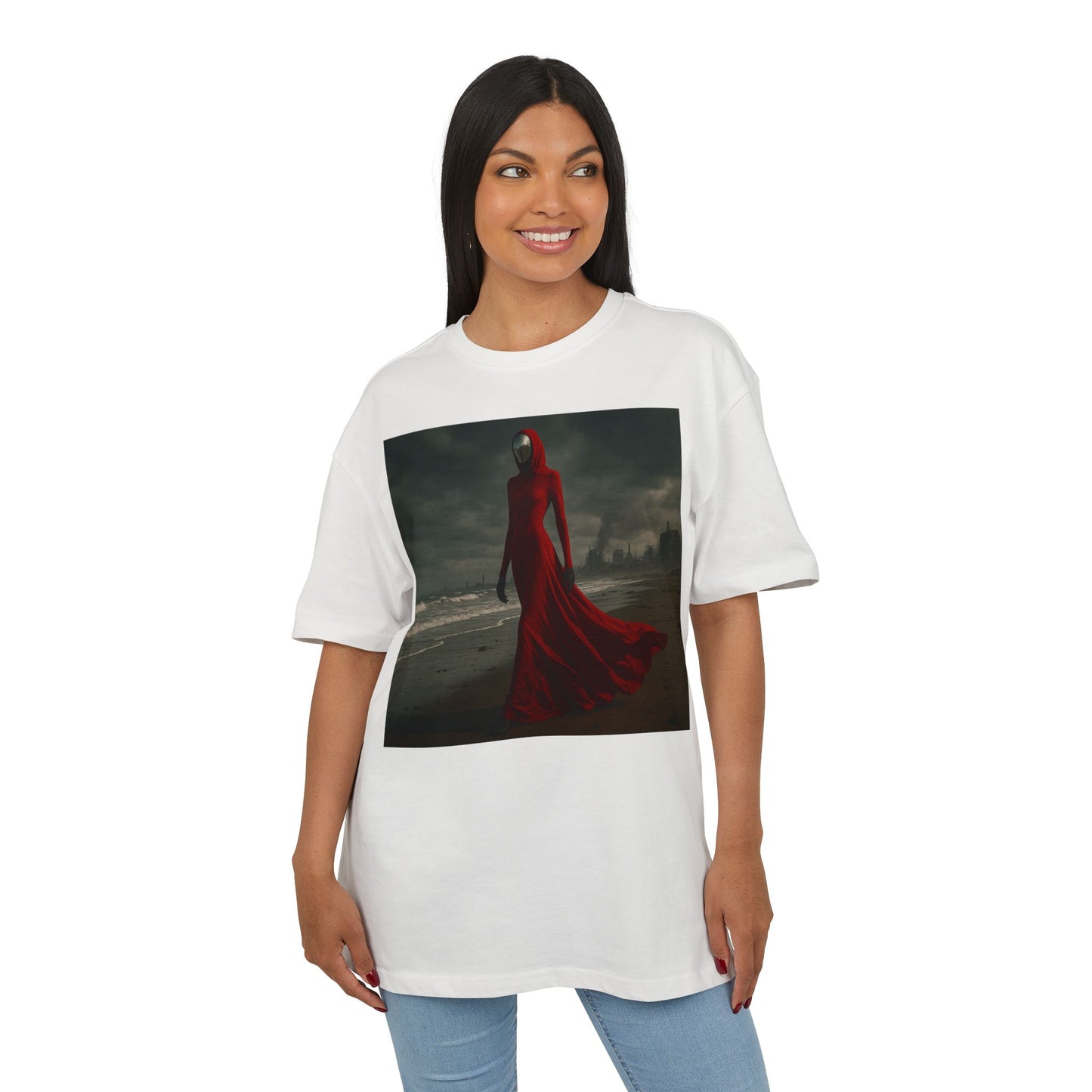 Mystical Red Hooded Tee - Unisex Oversize T-Shirt, Grunge Fashion, Streetwear Style, Gift for Horror Fans, Casual Wear