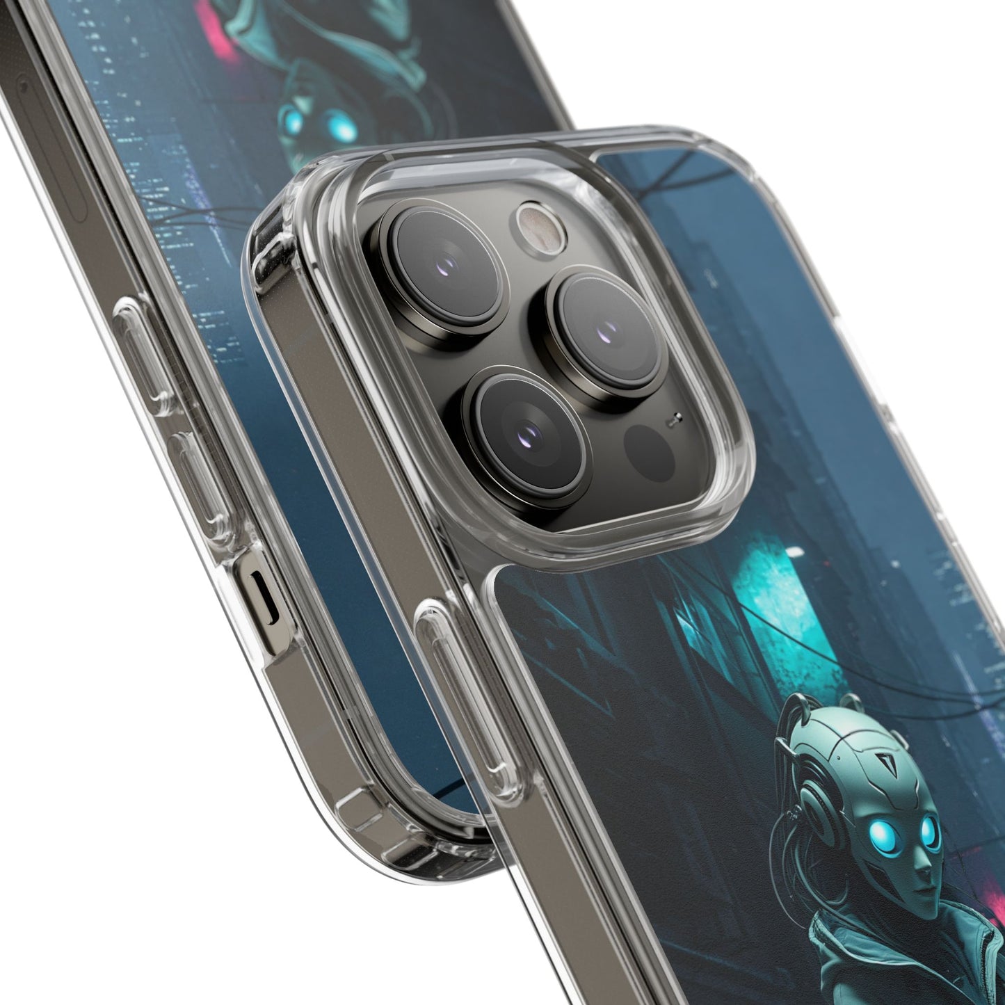 Futuristic Clear Phone Case with Neon City Design