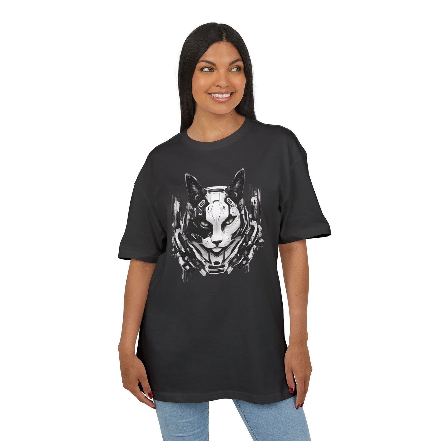 Cyber Cat Graphic Tee - Unisex Oversized T-Shirt, Cool Streetwear, Gift for Cat Lovers, Futuristic Design, Casual Everyday Wear