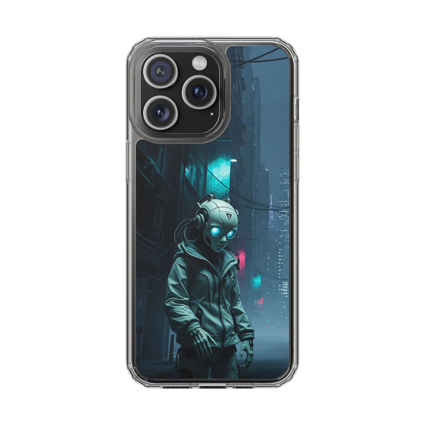 Futuristic Clear Phone Case with Neon City Design