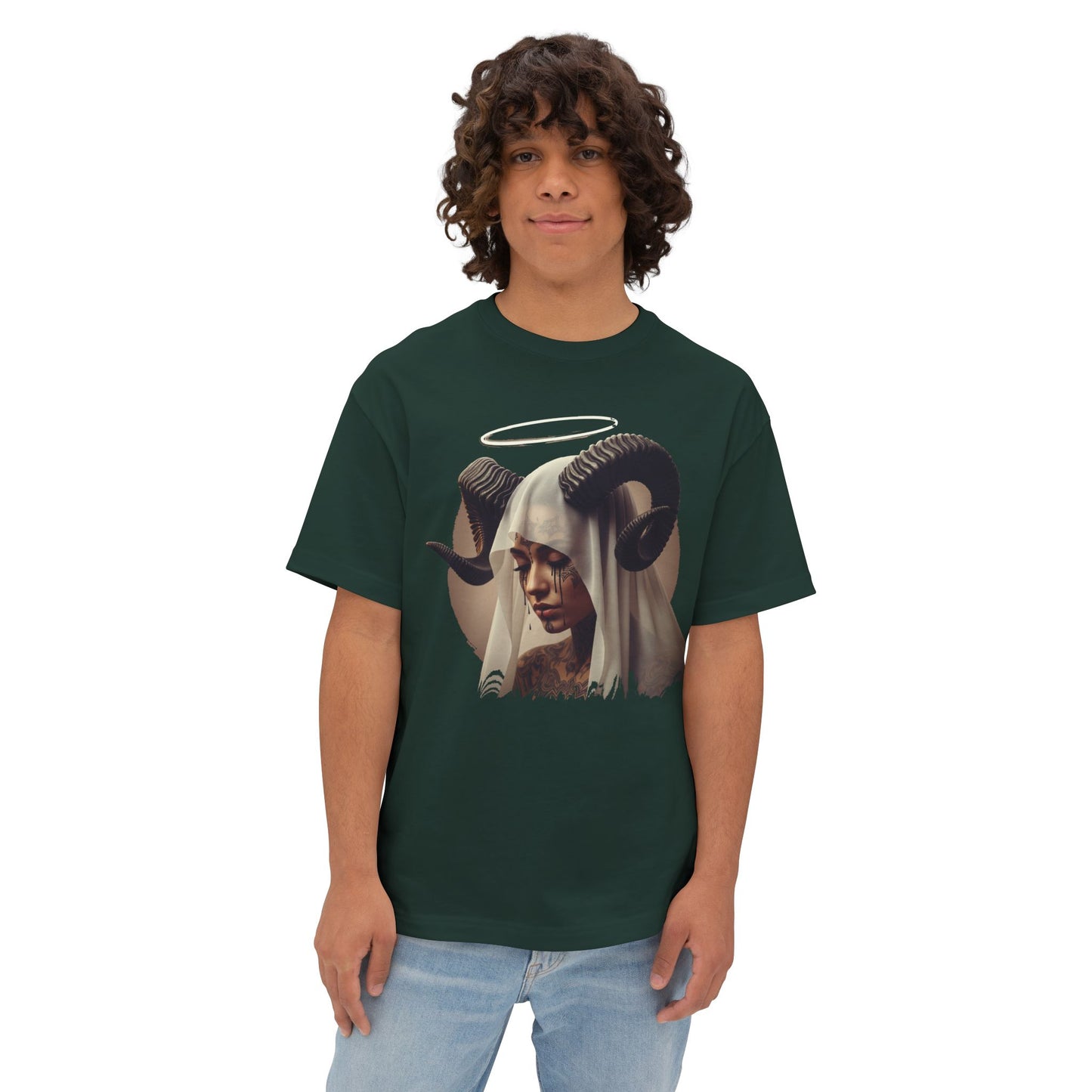 Mystical Ram Graphic Tee, Unisex Oversized Boxy Tee, Statement T-Shirt, Boho Chic Shirt, Art-Inspired Fashion, Comfortable Everyday Wear