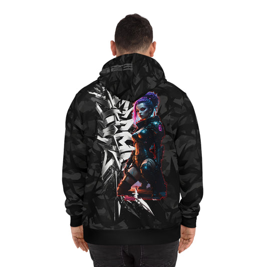 Stylish Urban Hoodie, Cyberpunk Fashion Sweater, Graphic Sweatshirt, Trendy Outerwear, AOP Pullover, Streetwear Apparel
