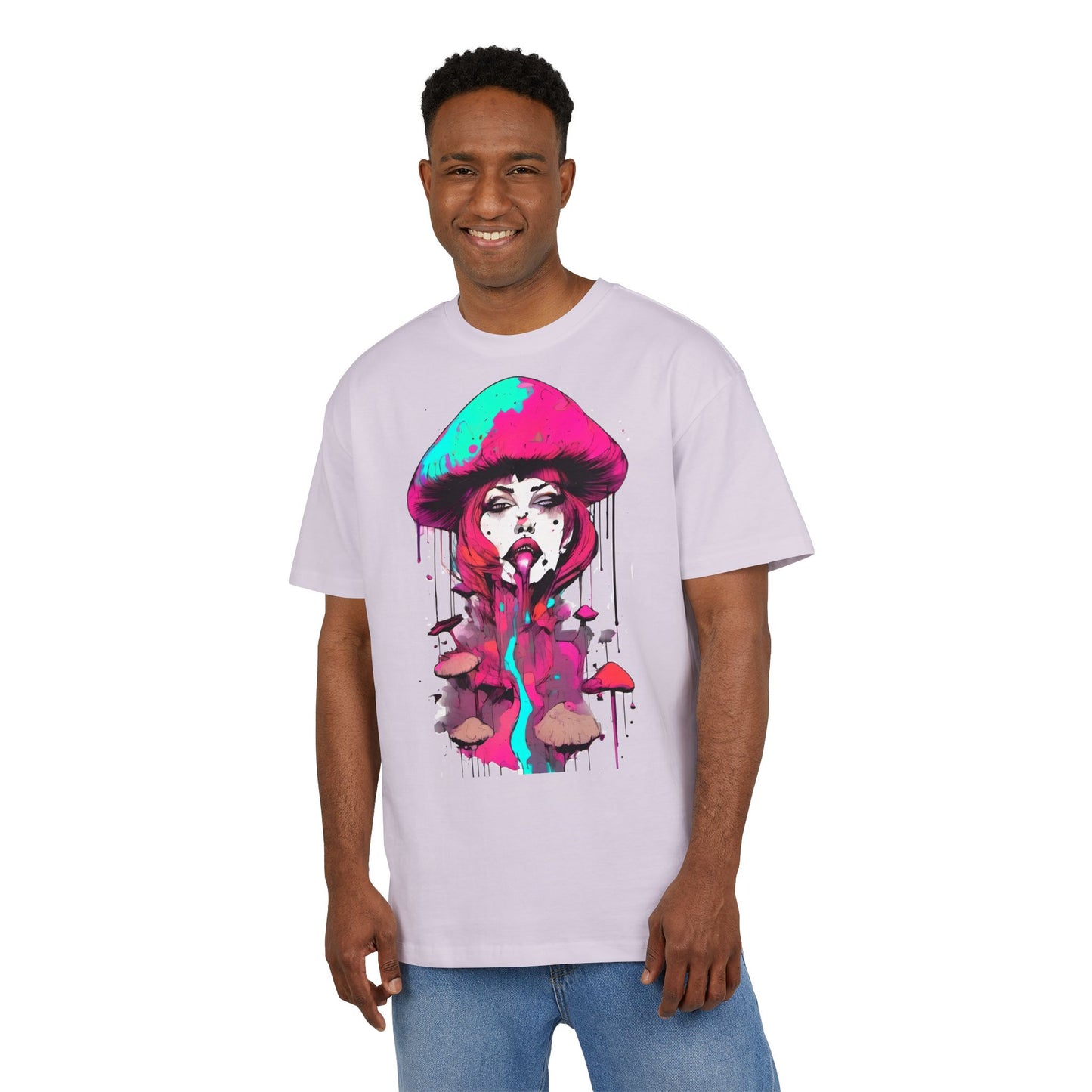 Vibrant Mushroom Art Unisex Heavy Oversize Tee, Funky T-Shirt, Artistic Casual Wear, Gift for Art Lovers, Unique Streetwear