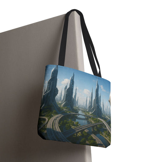 Futuristic Cityscape Tote Bag, Eco-Friendly Bag, Art Print Tote, Unique Shoulder Bag, Travel Tote, Stylish Shopping Bag, Gift for Her