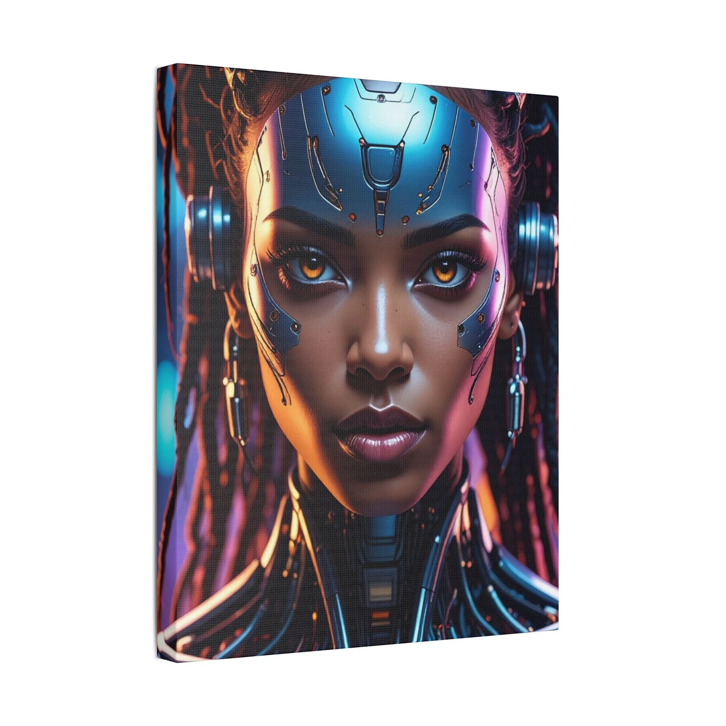Satin Canvas Wall Art, Futuristic Female Portrait, Sci-Fi Decor, Cyberpunk Artwork, Geek Home Decor, Gift for Tech Lovers