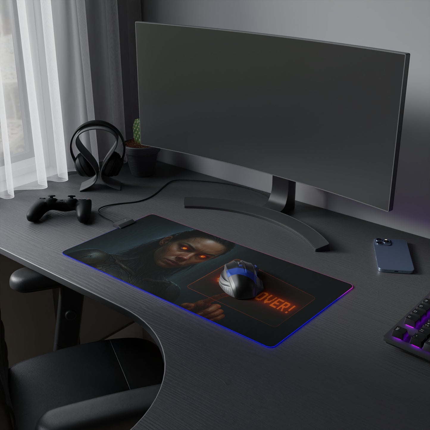 LED Gaming Mouse Pad with 'Game Over!' Design, Gaming Decor, Desk Gadget, Mouse Mat, Perfect for Gamers or Esports Enthusiasts