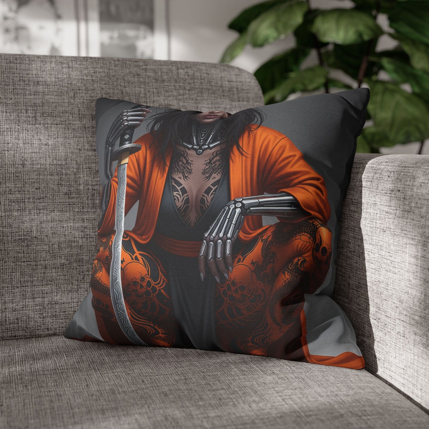 Fierce Warrior Design Pillowcase, Unique Home Decor, Boho Accent Pillow, Anime Art, Gift for Her, Cosplay Lovers