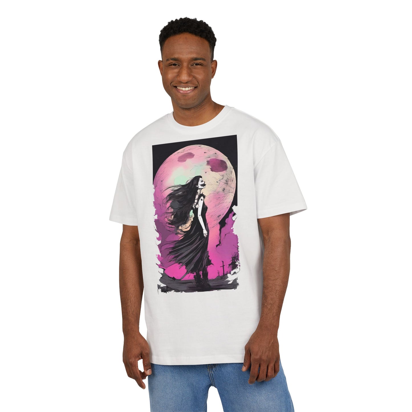 Unisex Heavy Oversize Tee with Moonlit Design, Graphic Tee for Night Lovers, Alternative Fashion, Halloween Shirt, Gift for Her