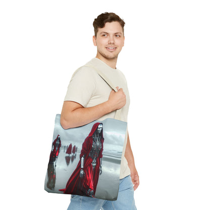 Futuristic Red Hooded Tote Bag, Eco-Friendly Shopping Tote, Stylish Reusable Bag, Perfect for Gifts, Fashion Statement