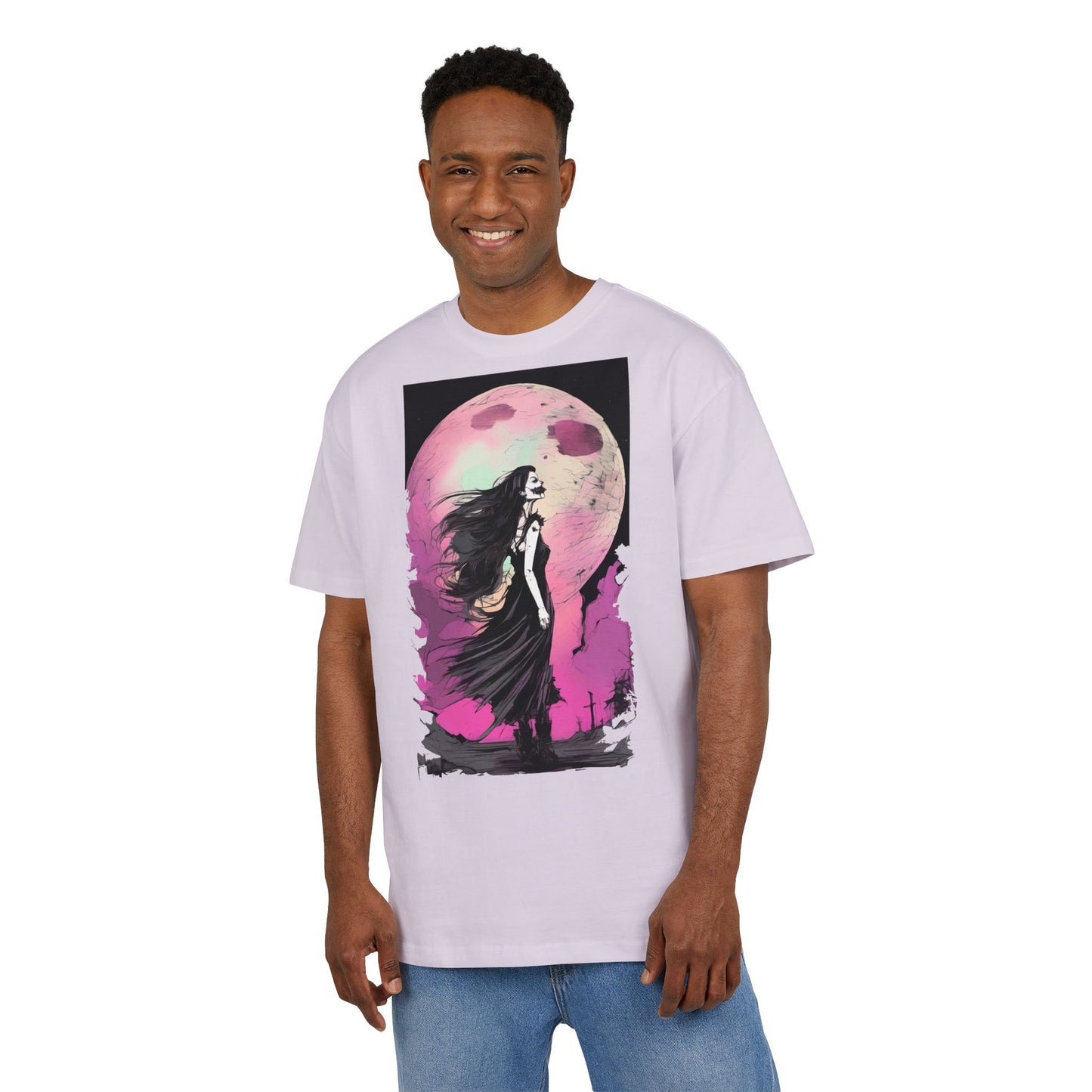 Unisex Heavy Oversize Tee with Moonlit Design, Graphic Tee for Night Lovers, Alternative Fashion, Halloween Shirt, Gift for Her