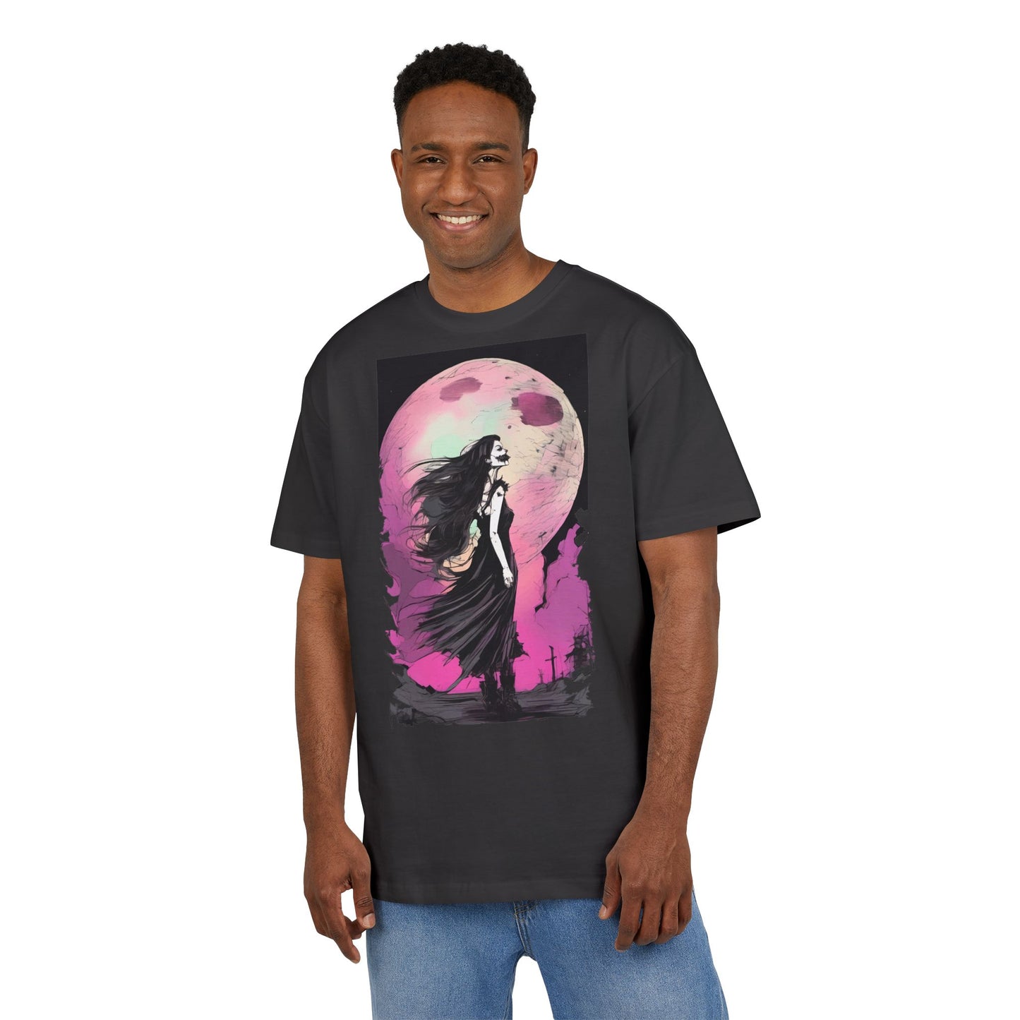 Unisex Heavy Oversize Tee with Moonlit Design, Graphic Tee for Night Lovers, Alternative Fashion, Halloween Shirt, Gift for Her