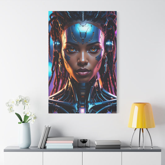 Satin Canvas Wall Art, Futuristic Female Portrait, Sci-Fi Decor, Cyberpunk Artwork, Geek Home Decor, Gift for Tech Lovers