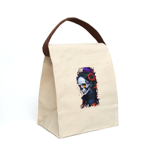 Skull and Flower Canvas Lunch Bag | Eco-Friendly Tote, Gift for Goths, Unique School Bag, Halloween Decor, Reusable Snack Cooler