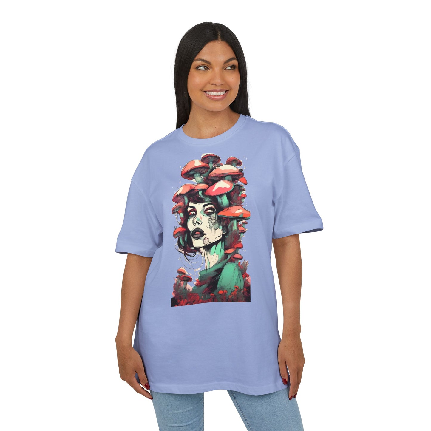 Mushroom Woman Oversized Tee, Bohemian Graphic T-Shirt, Unique Art Tee, Festival Wear, Streetwear Style Top